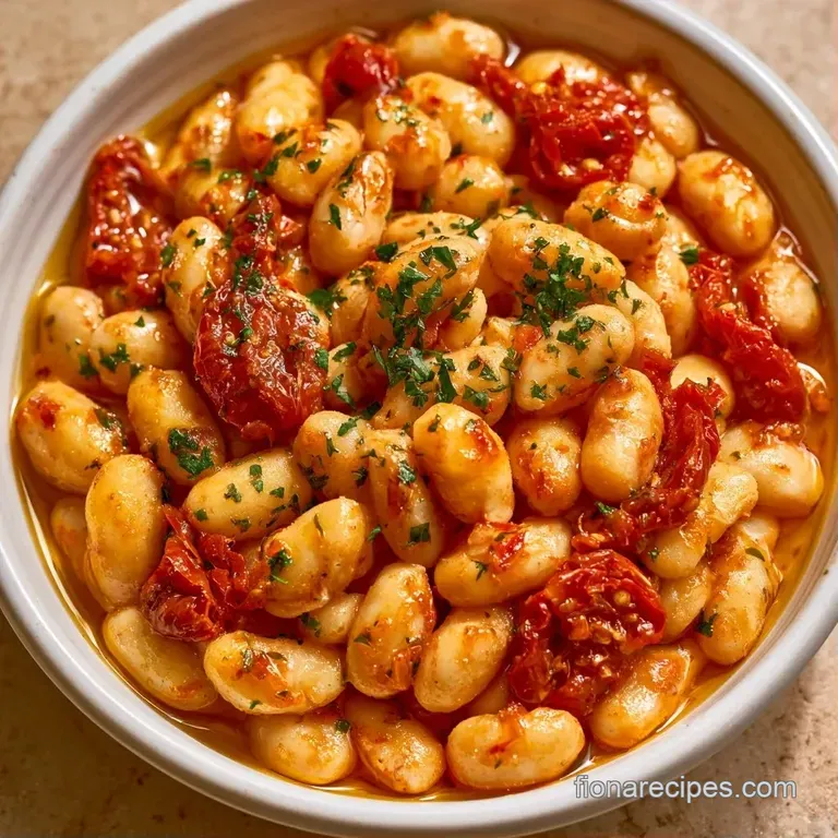 A shallow bowl of creamy white beans and red sundried tomatoes topped with shaved parmesan and fresh green herbs.