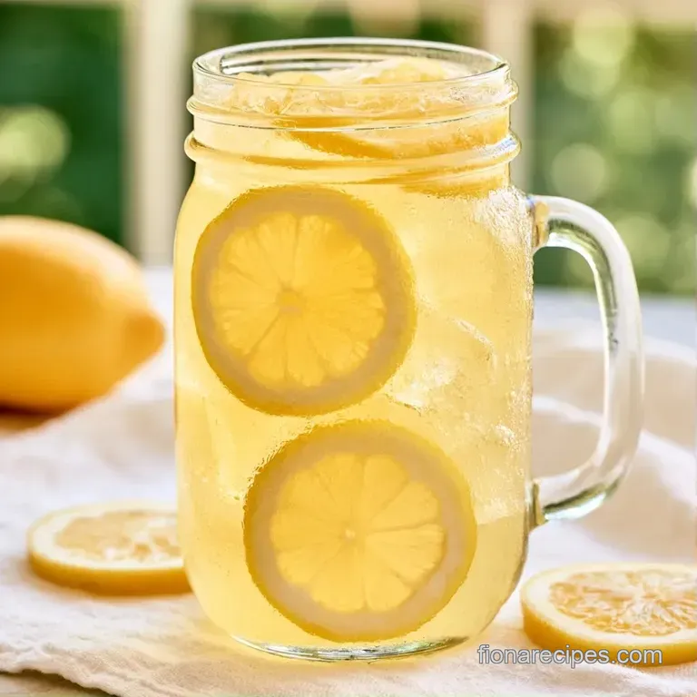 A chilled glass jar with frosty condensation, yellow lemon wheels, and a green straw on a rustic white wooden table.
