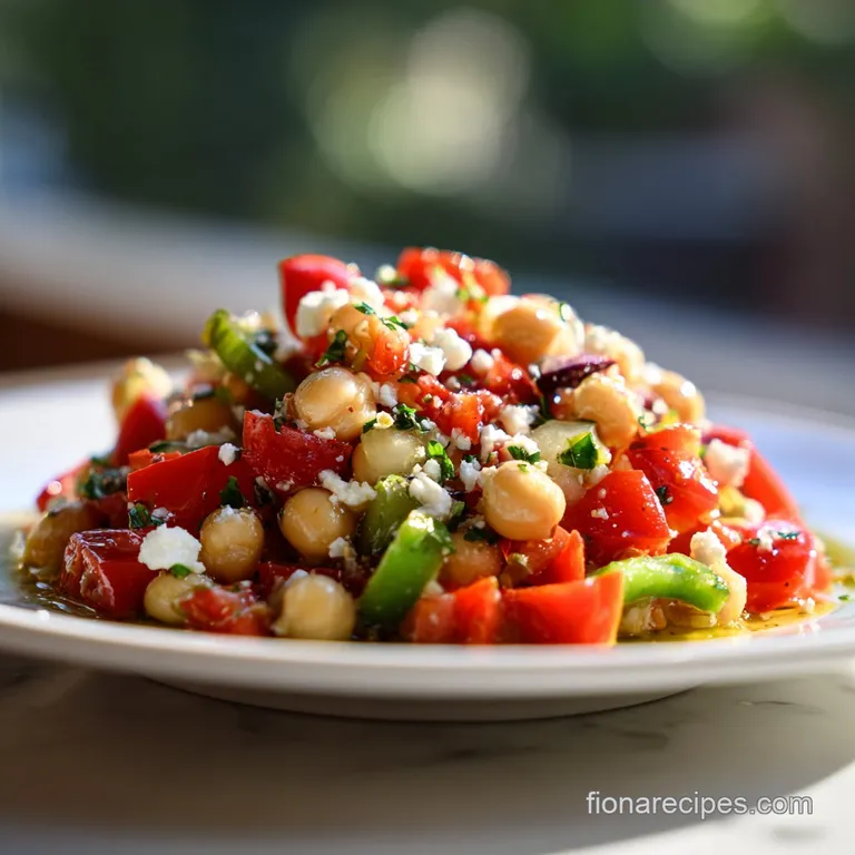 A colorful mound of chickpea salad artfully arranged in a white bowl, dotted with fresh parsley.