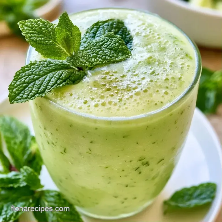 A tall crystal glass filled with pale yellow liquid, floating ice, and fresh mint leaves on a white marble surface.