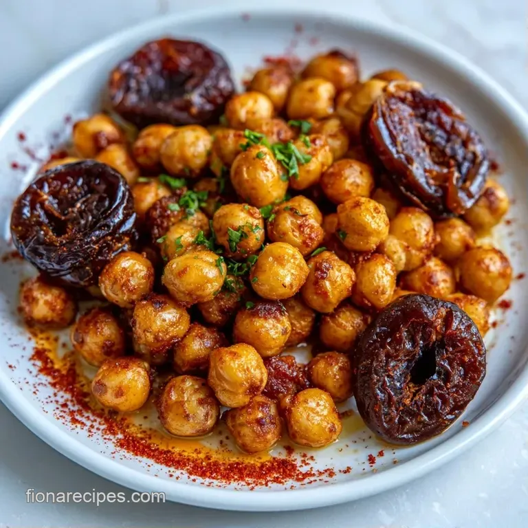 Elegant arrangement of golden-brown legumes and sticky sweet fruit on a matte slate plate with a pinch of sea salt.
