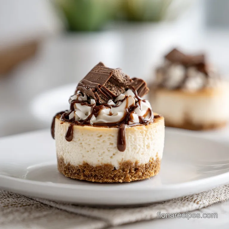 Mini Rolo cheesecake on a white plate with a fork. Smooth chocolate and caramel shine; crust has a crumbly texture.