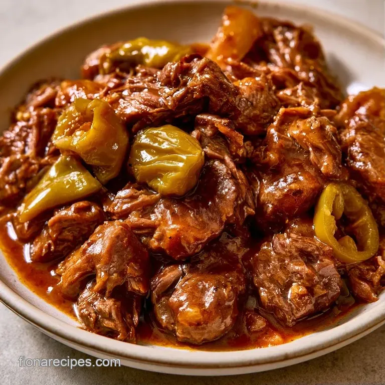 Shredded beef resting on a bed of buttery mashed potatoes, topped with sliced yellow peppers and a glossy sauce.