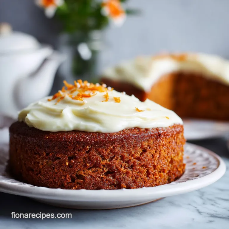 Slice of layered carrot cake with frosting, plated with a dusting of powdered sugar, a sprig of mint, and sugared carrots.