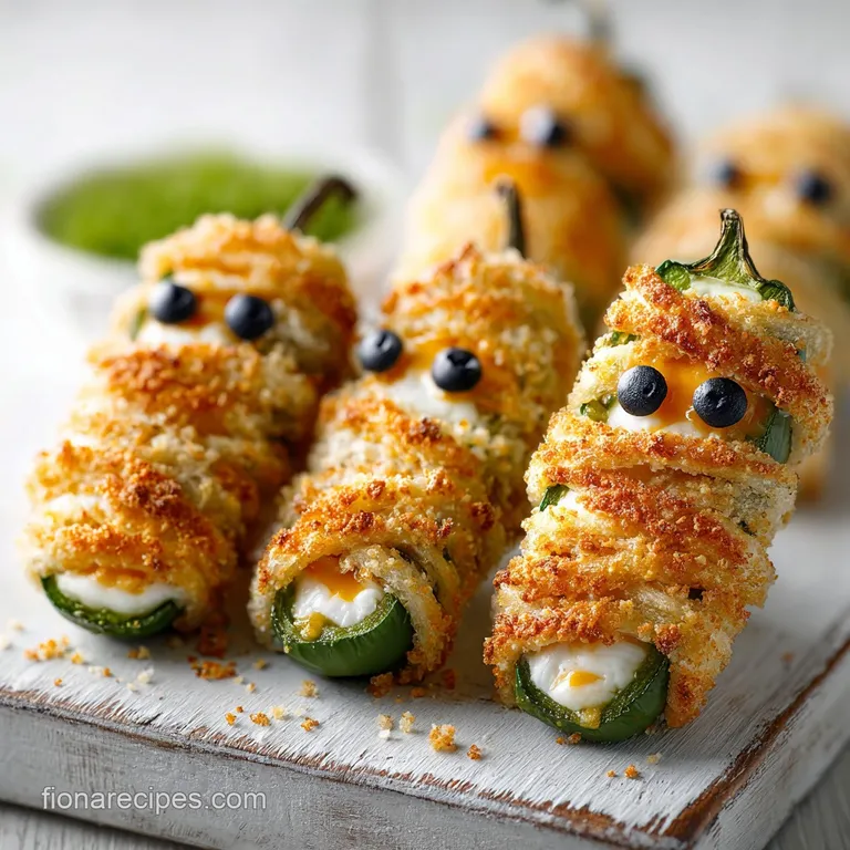 Three mummy jalape&ntilde;o poppers arranged on a white plate, showcasing the golden pastry and melted cheese peeking through.