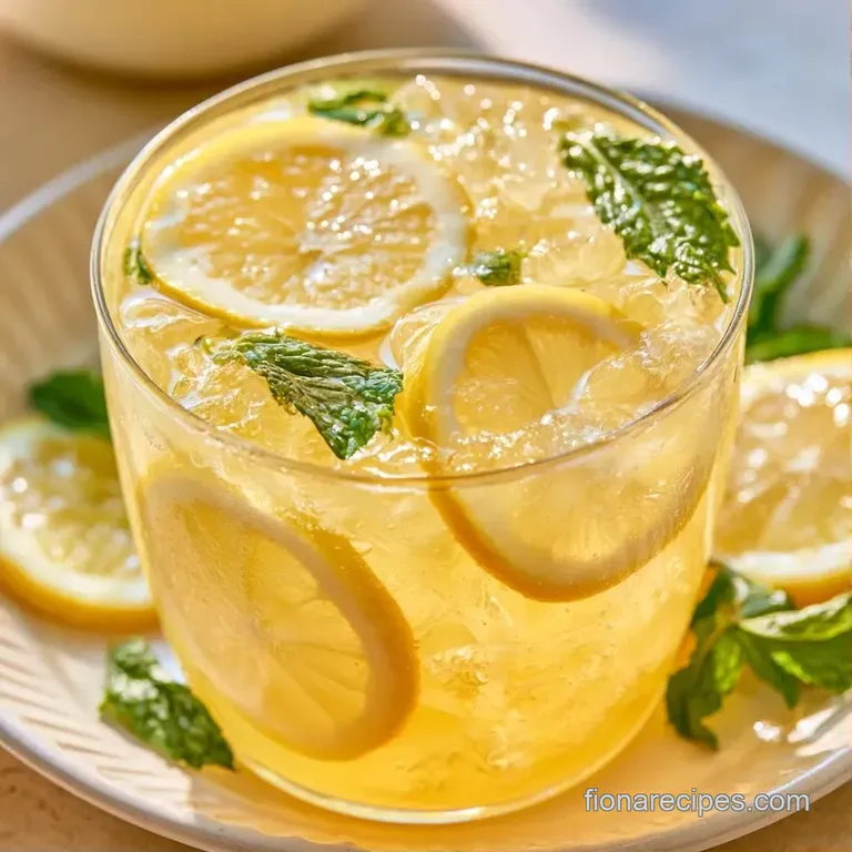 Tall, condensation-covered glass of pale yellow citrus drink garnished with fresh mint leaves and a colorful straw.
