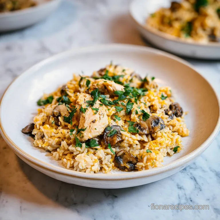 Plated chicken and rice nestled in a rustic bowl, garnished with fresh green herbs and a swirl of creamy sauce.