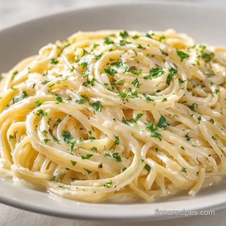 Twirled pasta nests coated in a rich ivory sauce, served on a matte black plate with a dusting of aged cheese.