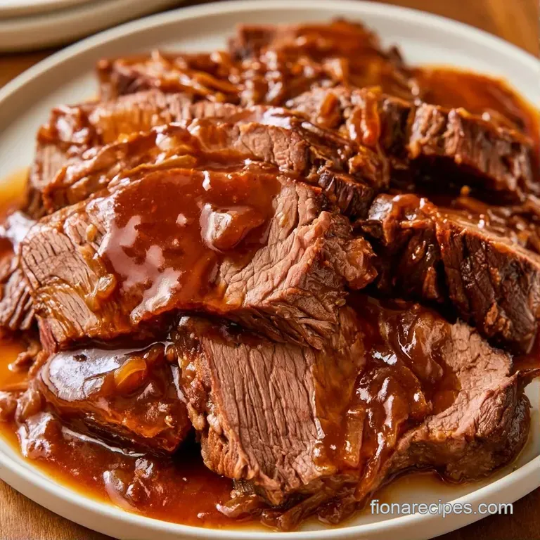 A slice of juicy, fork-tender beef topped with a glossy brown sauce, served with buttery mashed potatoes and peas.