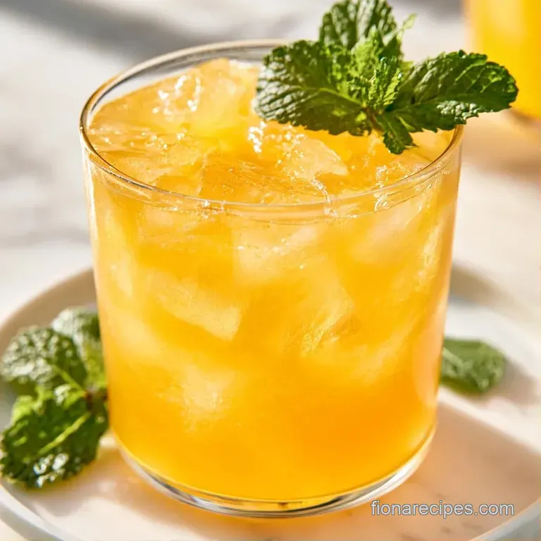 Elegant glassware filled with a bright citrus drink, floating ice, and thin orange slices on a white marble top.
