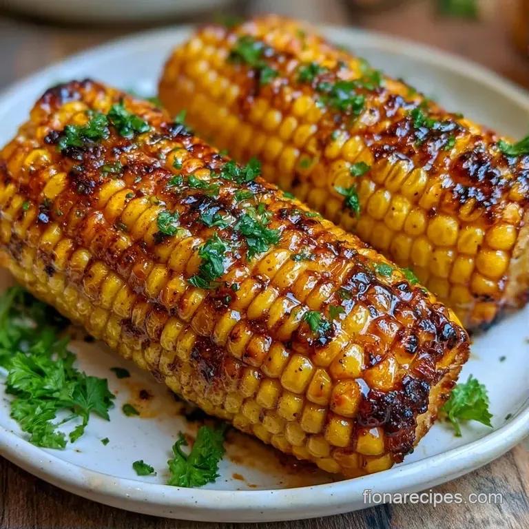 Charred yellow corn cobs on a rustic wooden board, garnished with fresh parsley and a small bowl of salted butter.