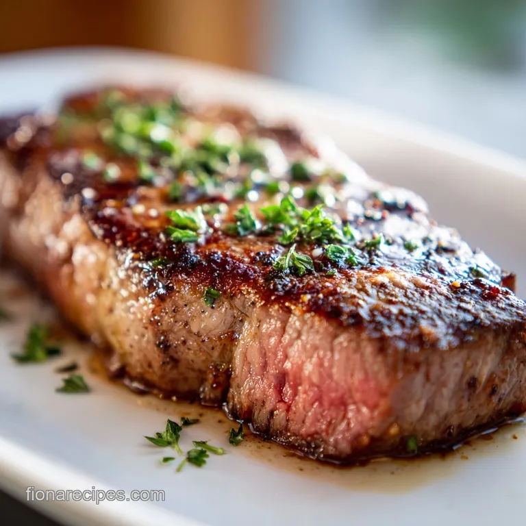 A single steak slice reveals a tender, rosy center; vibrant herbs & flaky salt garnish the plate with delicate grace.