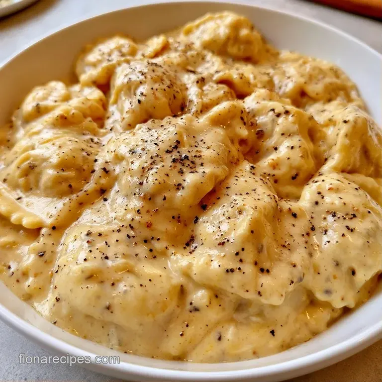Plated pasta in a shallow white bowl with a velvety white sauce, dusted with grated cheese and a sprig of basil.