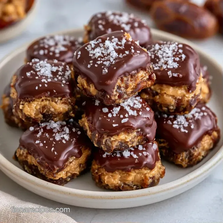 Three chocolate-coated date treats arranged on a white ceramic plate with a sprinkle of sea salt and peanut crumbles.