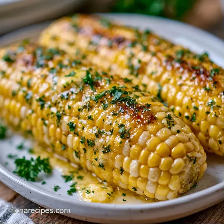 Golden corn cobs arranged on a white ceramic platter with melting butter pats and vibrant green parsley.