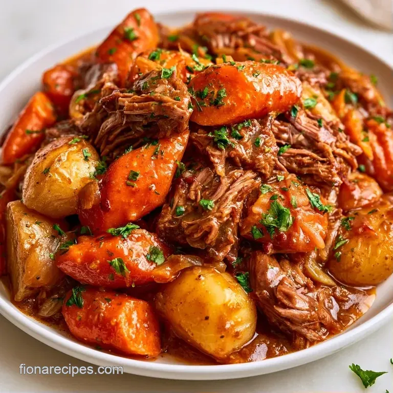 Sliced tender beef resting on mashed potatoes with bright carrots and a drizzle of glossy brown reduction sauce.