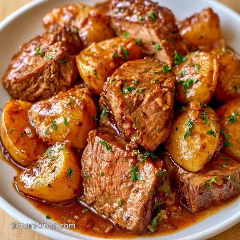 Slices of juicy, brown braised beef paired with buttery yellow potatoes on a white plate with a drizzle of gravy.
