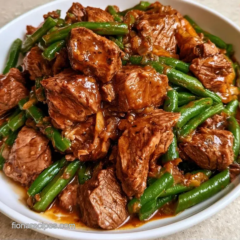 Slices of juicy beef paired with vibrant green beans on a white ceramic plate, drizzled with a deep brown sauce.