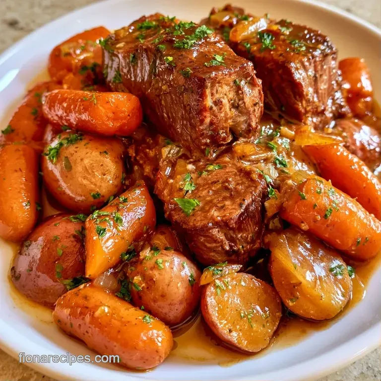 Slices of juicy brown beef and halved red potatoes drizzled with glossy gravy on a minimalist white ceramic plate.