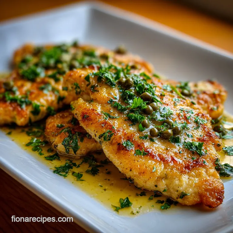 Elegant plate of chicken piccata; lemon wedges offer bright color beside tender chicken cutlets and a creamy, vibrant sauce.