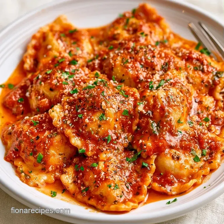 Artfully plated pasta pillows in a glossy red sauce, garnished with microgreens and a dusting of white cheese.