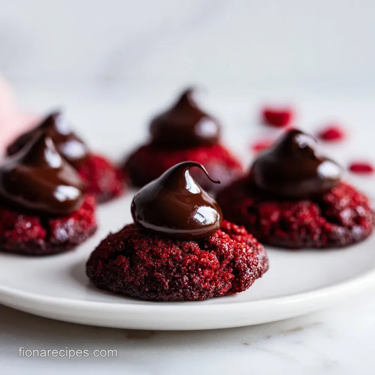 Vibrant crimson cookies with smooth white frosting swirls arranged on a white ceramic platter with mint leaves.