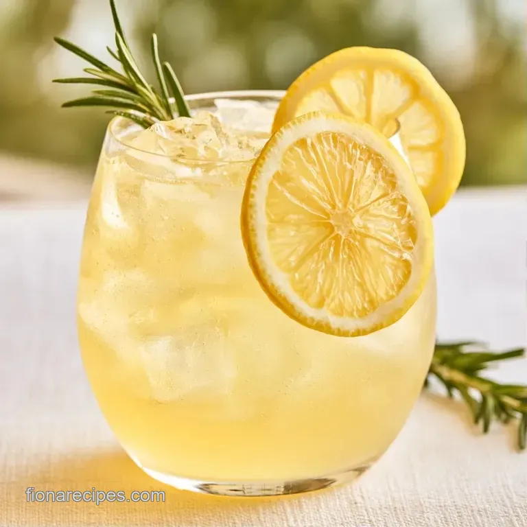 Frosty glasses of pale yellow drink garnished with a sprig of rosemary and a thin lemon wheel on a white marble tray.