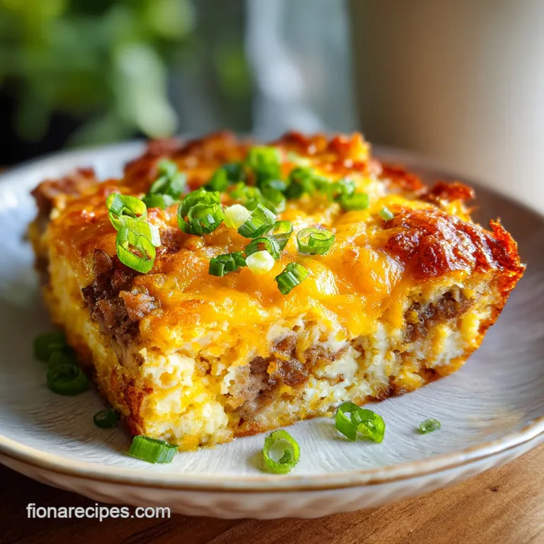 A slice of cheesy sausage casserole reveals layers of hash browns. Steam gently rises, hinting at warmth and savory flavors.