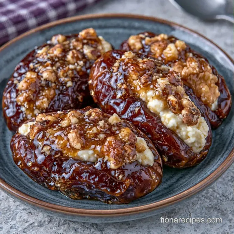 Elegant platter of white-filled dark dates accented with fresh mint leaves and a side of golden honey drizzle.