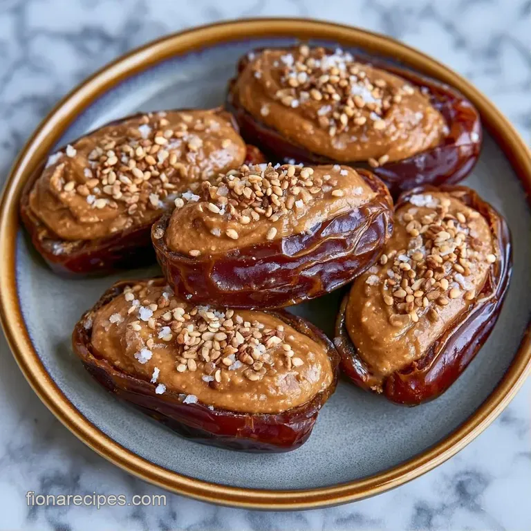 A row of glossy, dark brown dates filled with smooth beige butter, arranged neatly on a rustic slate platter.