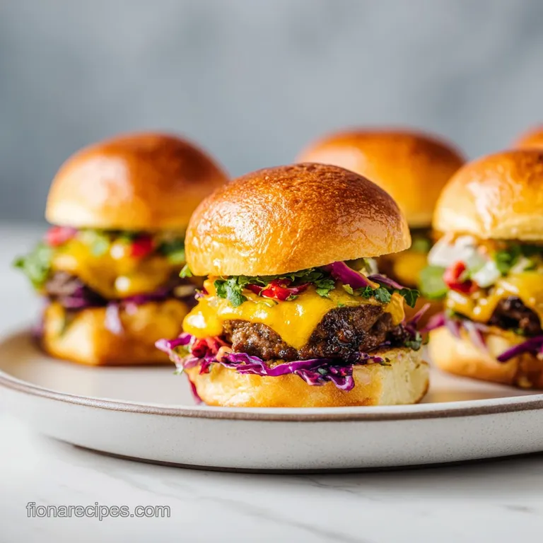 Miniature cheeseburgers artfully arranged on a slate board, drizzled with sauce and garnished with fresh greens.