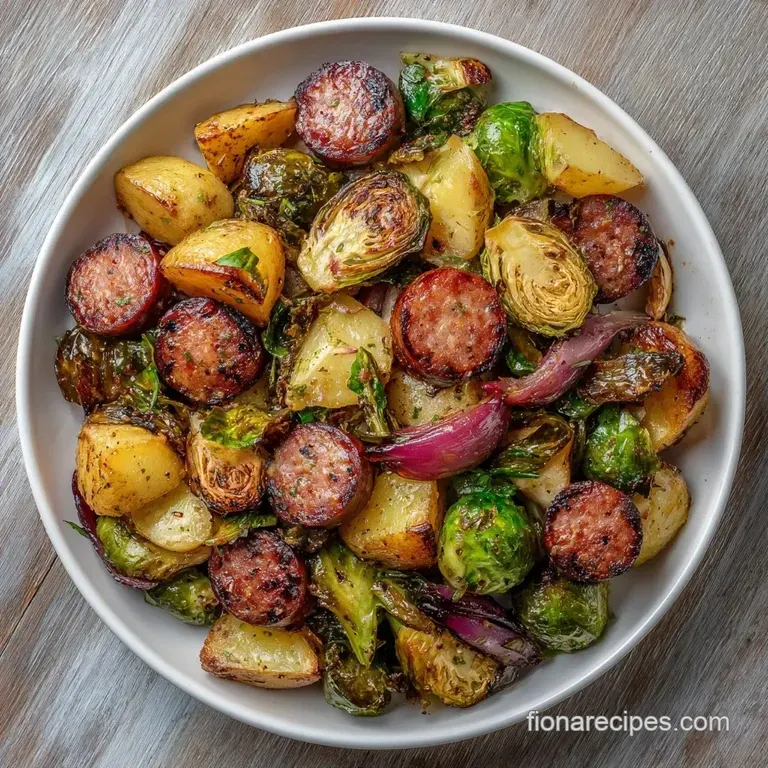 Sliced browned sausages and vibrant roasted vegetables arranged on a white ceramic plate with fresh herbs.