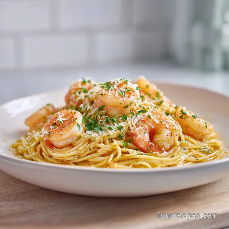 A swirl of golden pasta and plump pink shrimp, kissed with lemon zest, artfully arranged on a bright white plate.