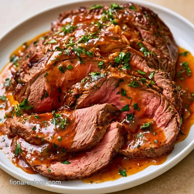 Slices of juicy brown beef atop creamy mashed potatoes, drizzled with glossy gravy and fresh green parsley.