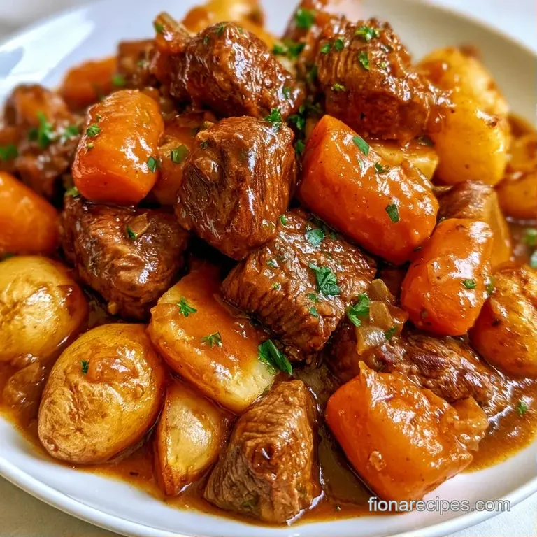 Slices of succulent beef resting on creamy mashed potatoes with glazed carrots and a drizzle of deep brown jus.