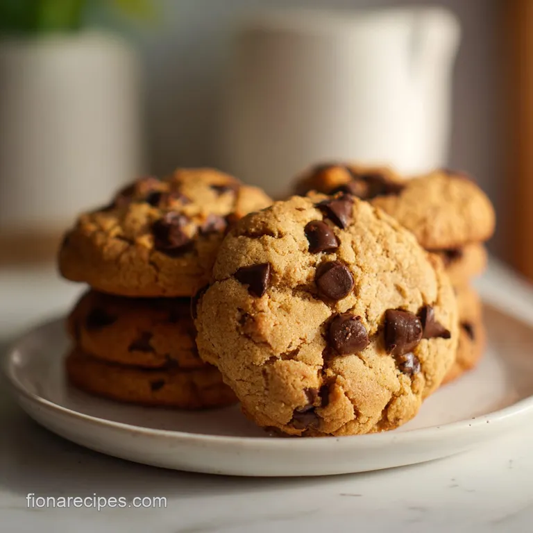 Stacked, soft chocolate chip cookies dusted with sea salt, served with a glass of cold milk.
