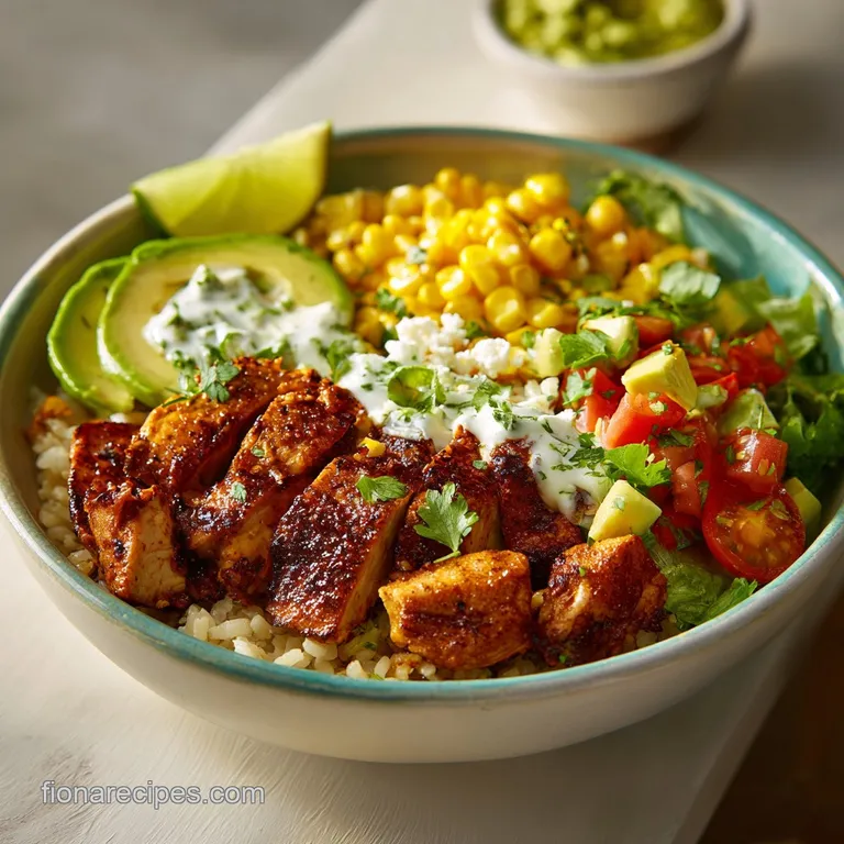 Individual bowl of southwest chicken: Fluffy rice, tender chicken, and colorful toppings elegantly layered, a balanced and...