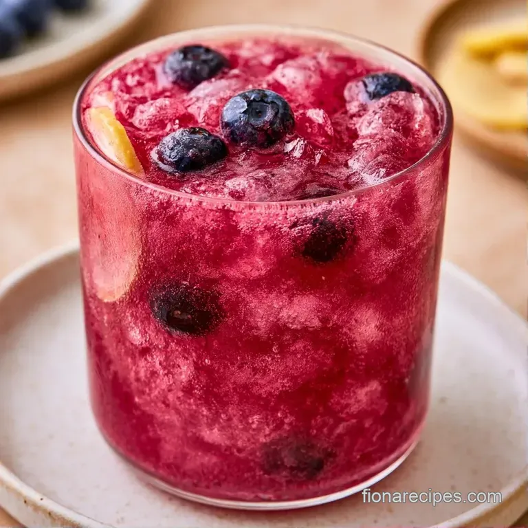 Chilled purple drinks in tall glasses with fresh mint sprigs and blueberries on a rustic white marble surface.