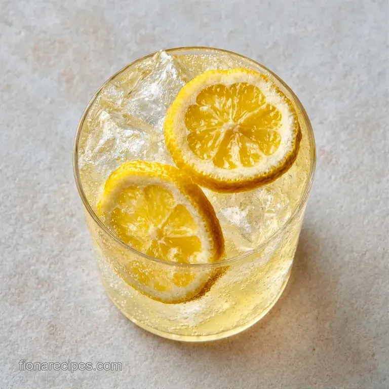 A bright yellow drink in a frosted glass with a mint sprig and lemon wheel on a sunny white marble surface.