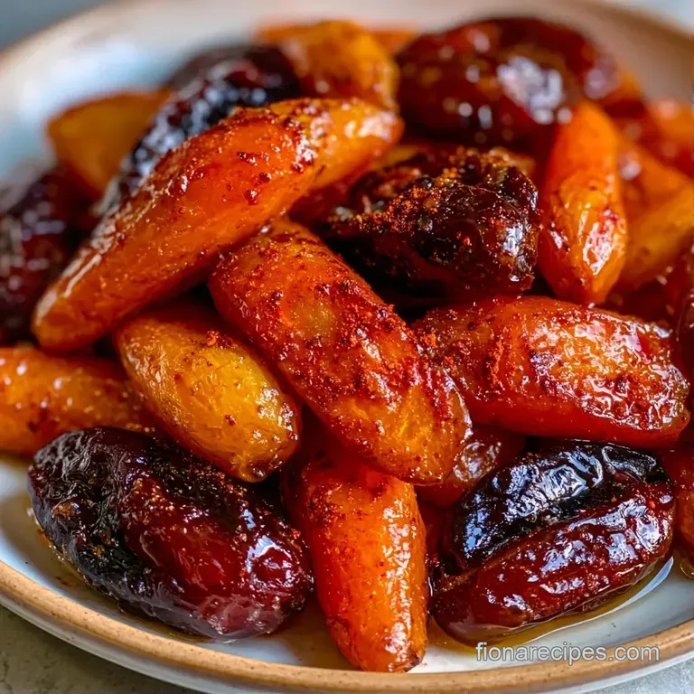 Elegant arrangement of caramelized orange carrots and dark dates garnished with fresh herbs on a white plate.