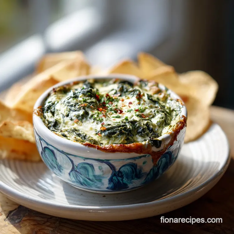 A creamy spinach artichoke dip presented in a ceramic ramekin, surrounded by toasted baguette slices.