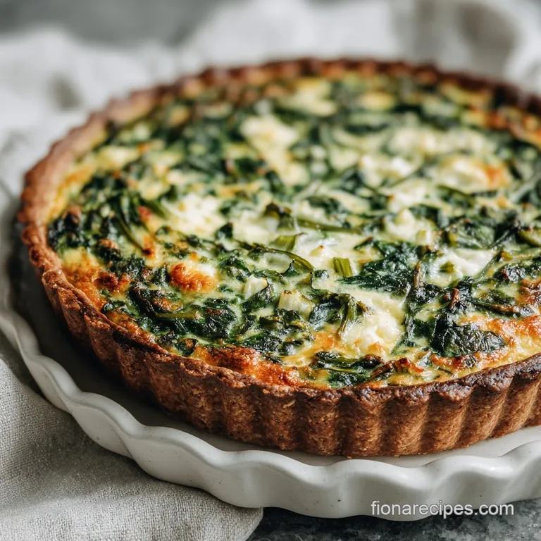 Wedge of spinach quiche on a white plate. Flaky crust & creamy filling are a striking contrast. Sprig of thyme adds a fres...
