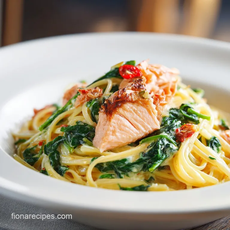 Elegant plate of pasta swirled with creamy sauce, showcasing tender salmon flakes and vibrant spinach ribbons. A culinary ...