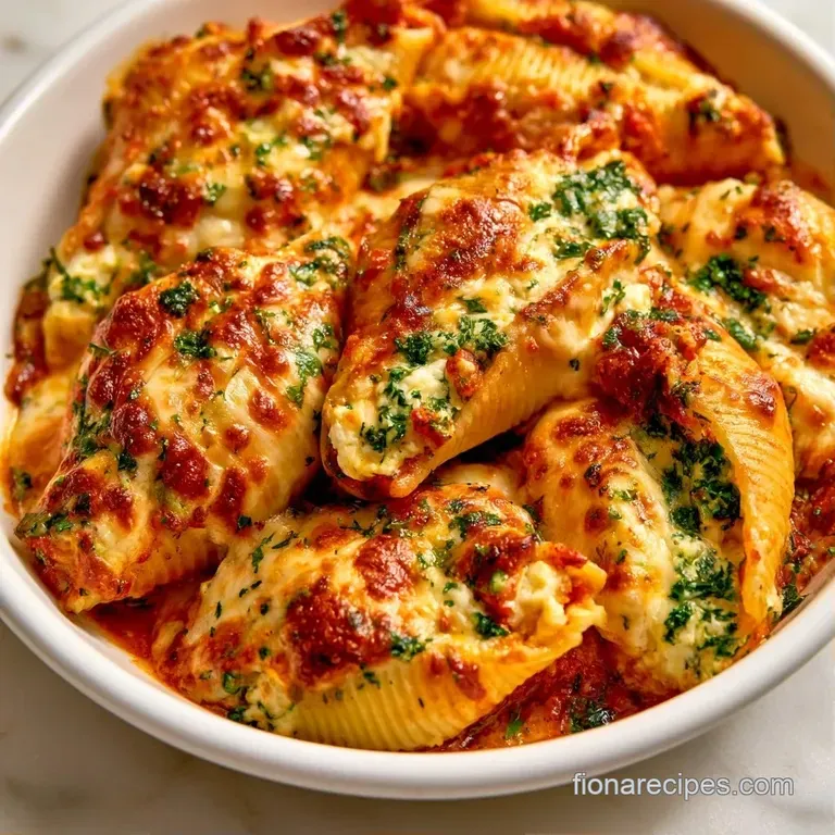 Three creamy ricotta-filled pasta shells on a white plate, drizzled with red sauce and a sprig of fresh green basil.
