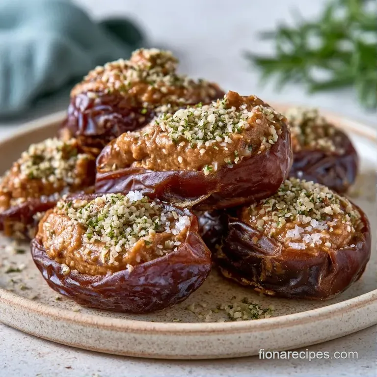 Dark, glossy dates arranged on a slate board, each filled with a swirl of creamy tan butter and a salt flake.