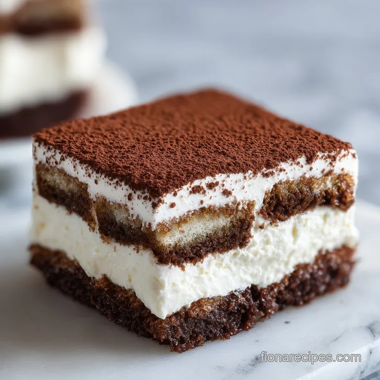 Elegant square slice of coffee-layered cream cake dusted with cocoa powder on a marble slab with a mint garnish.