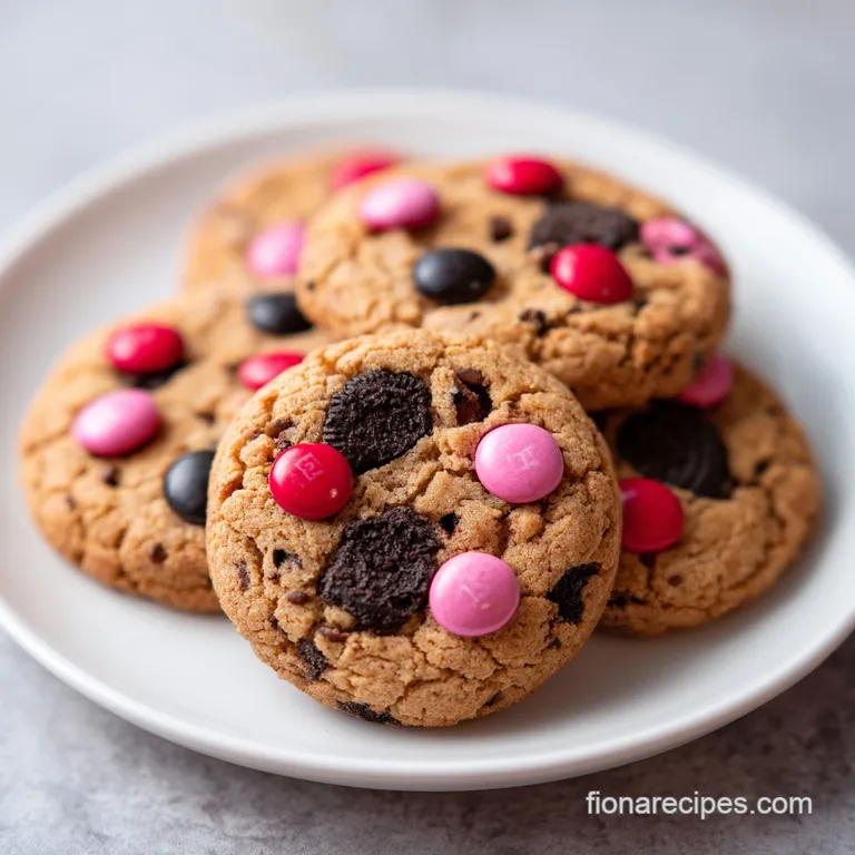 A stack of chewy cookies topped with colorful candy bits and dark cocoa pieces on a white heart-shaped platter.
