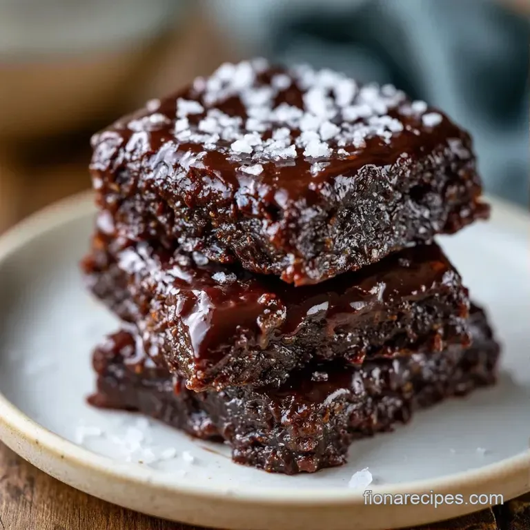Perfectly sliced dark brown squares arranged on a ceramic plate with a drizzle of melted cocoa and fresh mint.