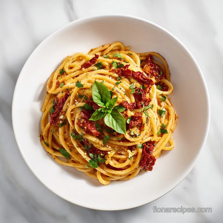 A twirl of sun-dried tomato pasta in a shallow bowl, garnished with basil and vegan parm. Rustic, comforting elegance.
