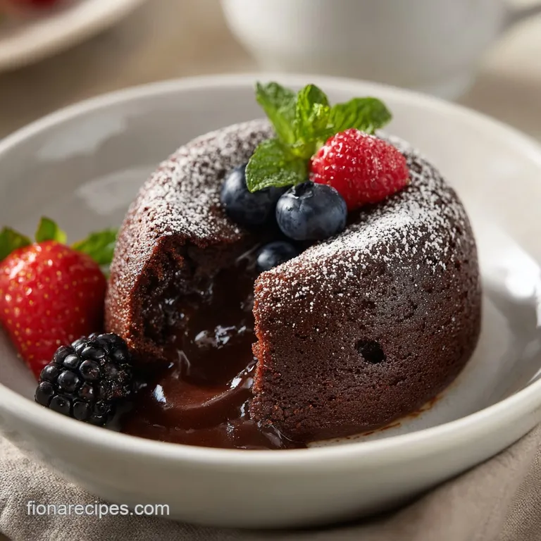 A single, perfect chocolate lava cake oozes molten center onto a white plate, dusted with cocoa and topped with fresh rasp...
